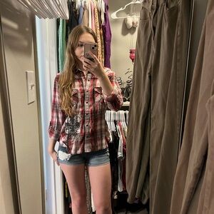 Red and White Midwest Emo Bedazzled Cross Flannel